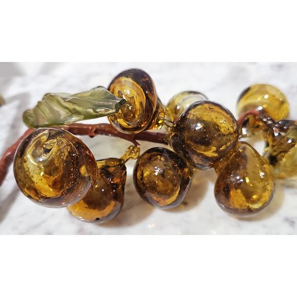 Vintage Handblown Amber Murano Glass Grapes Cluster Leaf MCM Decorative Glass - Picture 10 of 14